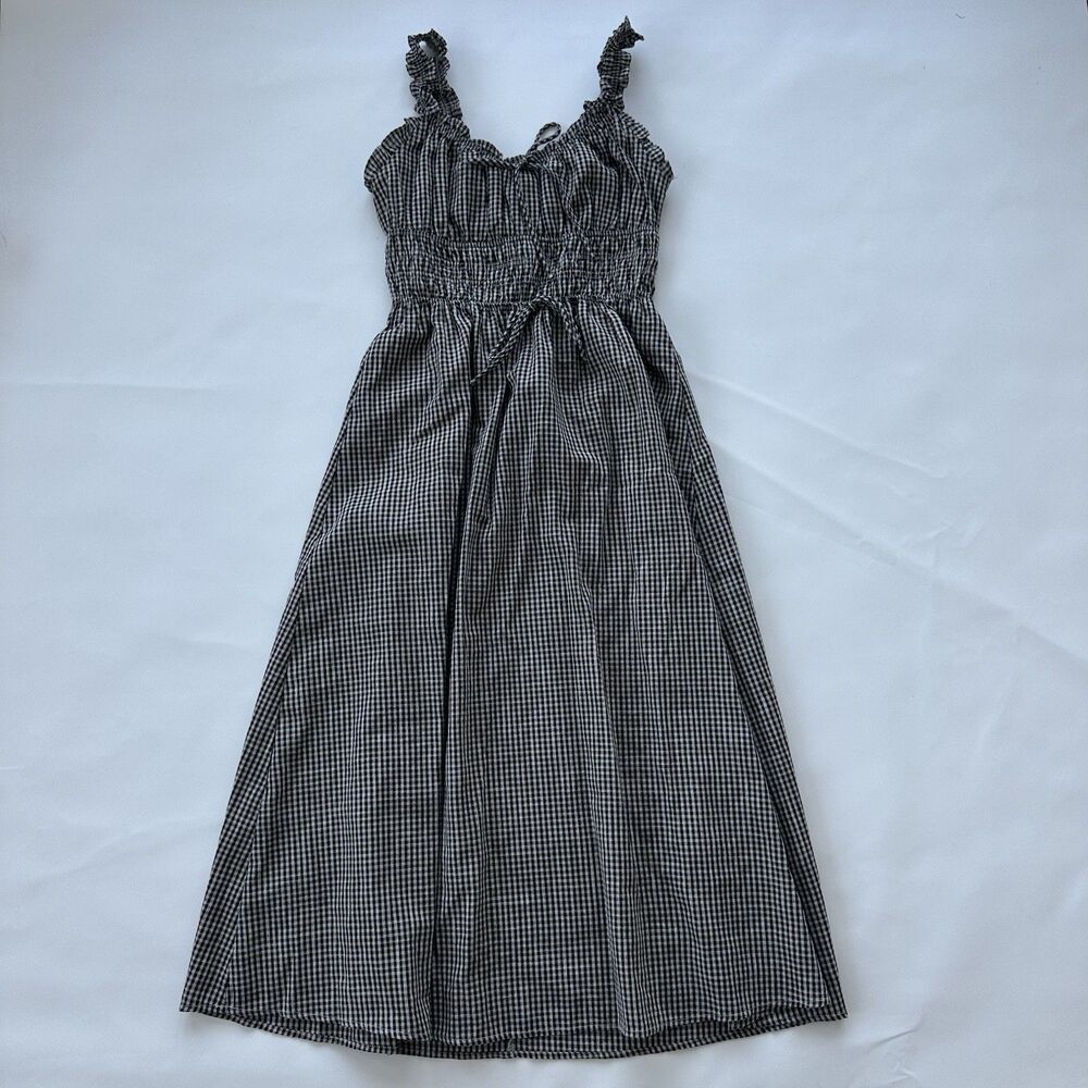 Storia Gingham Midi Dress Size Medium Black White Elastic Tie Waist - Picture 4 of 9